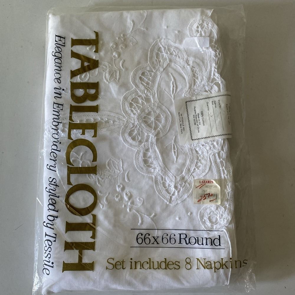 Vintage White Battenburg Lace Round 66"x 66" With 8 Napkins 100% Cotton Panache